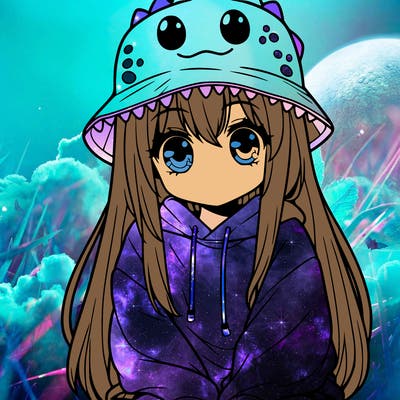 girl with anime shaped eyes with a dinosaur bucket hat oversized sweatshirt long straight hair