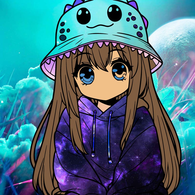 girl with anime shaped eyes with a dinosaur bucket hat oversized sweatshirt long straight hair