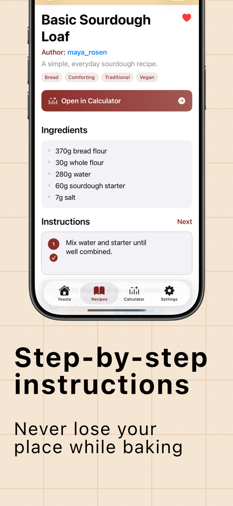 Yeasta: Sourdough Tracker - Tela de receita de fermento natural no aplicativo Yeasta mostrando ingredientes e instruções passo a passo para um pão básico.
