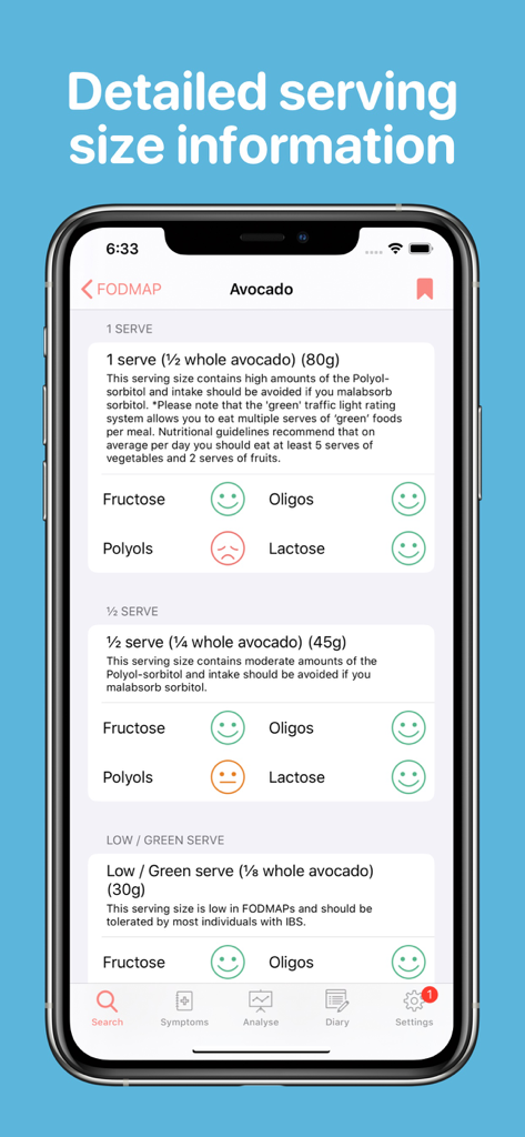 Detailed FODMAP serving size information for avocado on a mobile app screen