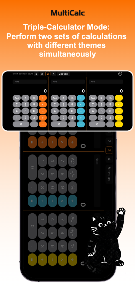 MultiCalc-Fun Calculations - MultiCalc app showing three side by side calculators in triple mode with orange blue and yellow themes