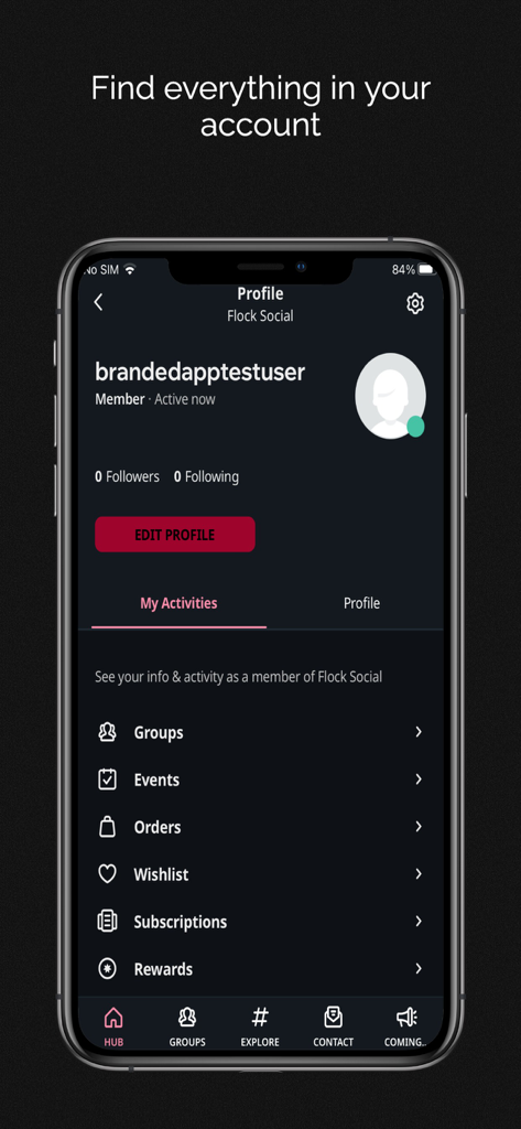 Flock Social Media - Pantalla de perfil de la aplicación Flock Social que muestra las actividades del usuario y las funciones de la cuenta.