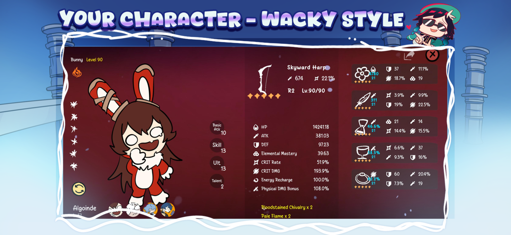 Wacky Wisher: Silly Genshin - Una pantalla de exhibición de personajes parodia con arte tonto dibujado a mano y estadísticas de RPG en Wacky Wisher