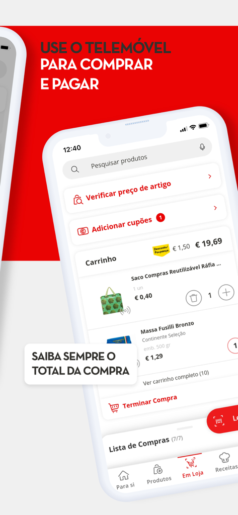 Continente Siga app screen showing a digital grocery cart with real time total price and self scanning features