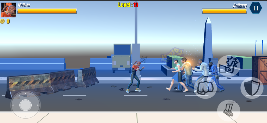 Street Combat :Grounds Fighter - Captura de pantalla de gameplay de Street Combat Grounds Fighter mostrando a un personaje en una pelea callejera en el nivel 19.