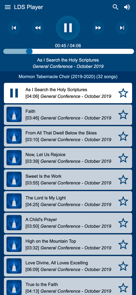 LDS Player app interface displaying a playlist of Mormon Tabernacle Choir hymns and music playback controls