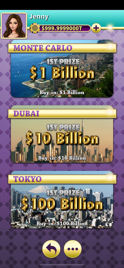 Big 2 Offline - KK Pusoy Dos - Game menu showing high stakes levels in Monte Carlo Dubai and Tokyo for Big 2 Offline.