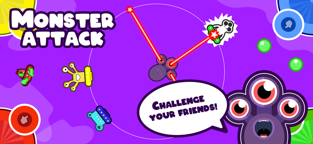 Uma captura de tela do minijogo Monster Attack no aplicativo Jogos para 2 3 4 Jogadores Pro com monstros de desenho animado coloridos e raios laser