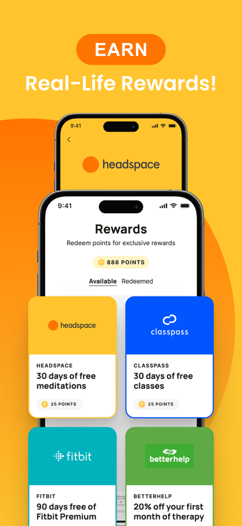 BePresent: Screen Time Control - Interface do aplicativo BePresent mostrando recompensas da vida real como Headspace e ClassPass obtidas pela redução do uso do telefone.