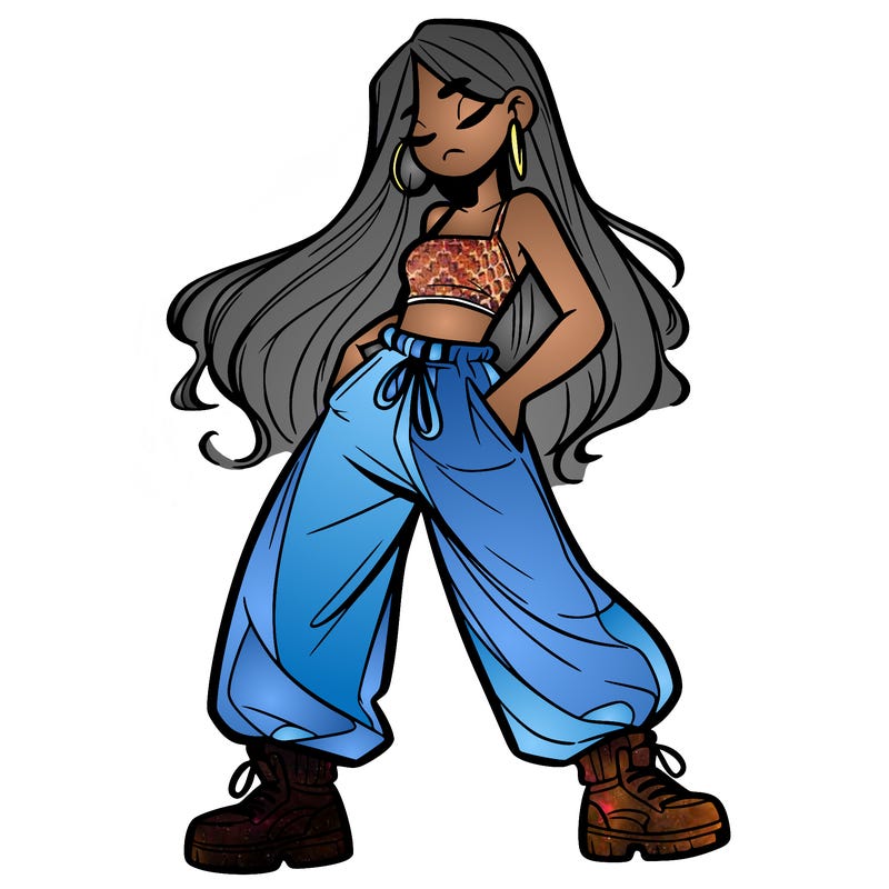 girl in baggy pants crop top and long hair
