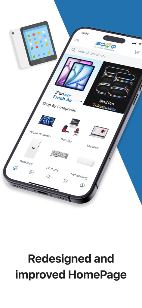 souq 961 - iPhone screen showing the redesigned homepage of the souq 961 shopping app with various electronics categories