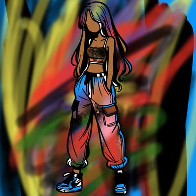 girl in baggy pants crop top and long hair