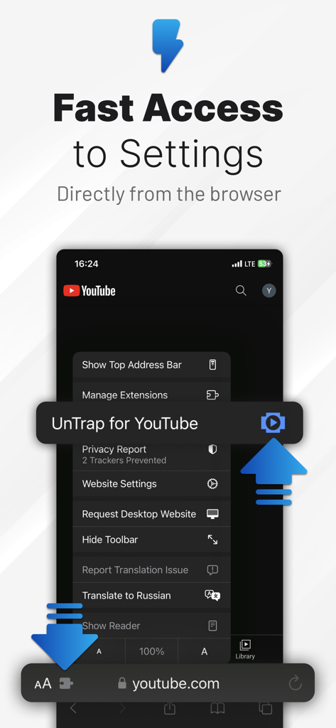 Access UnTrap for YouTube settings directly from the Safari mobile browser menu.