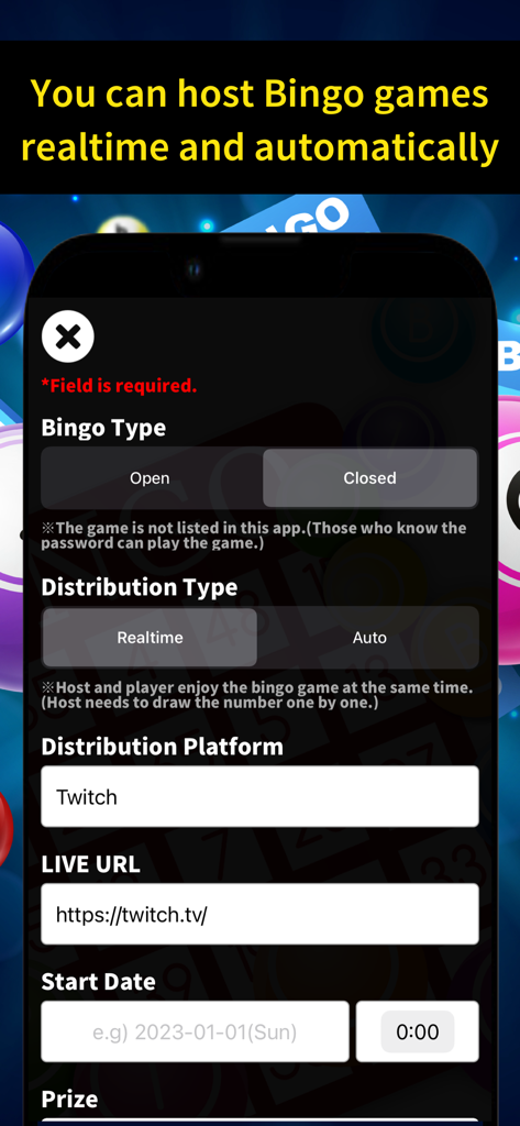 BingoBongo - Bingo Game - Pantalla de configuración del anfitrión de la aplicación BingoBongo para la transmisión en vivo de Twitch