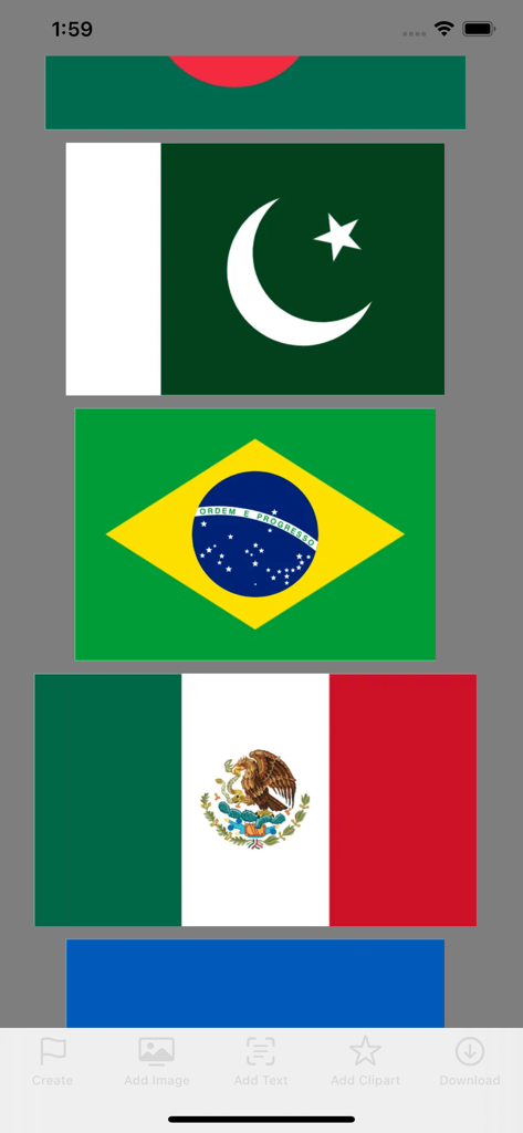 A scrollable list of country flag templates in the Flag Design mobile app