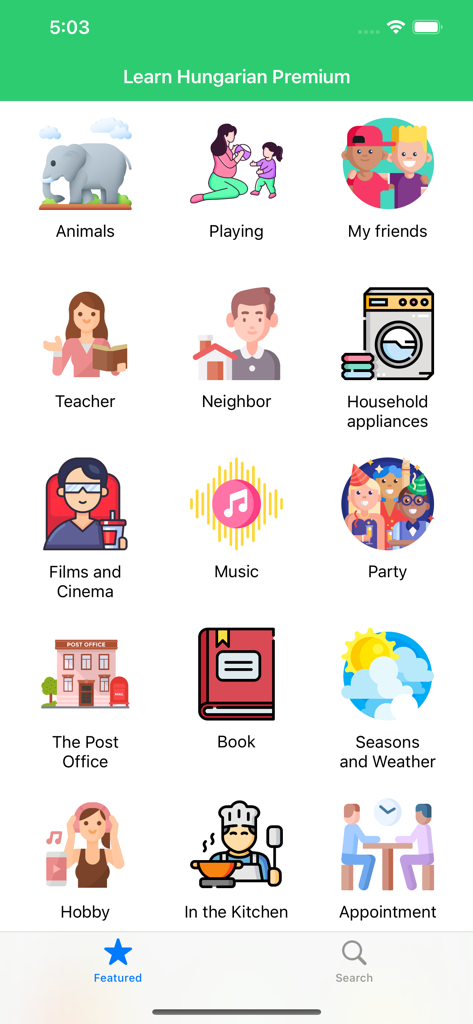 Learn Hungarian Premium - Interfaz de la aplicación Aprende Húngaro Premium que muestra varias categorías de vocabulario como Animales, Música y En la Cocina con iconos coloridos.