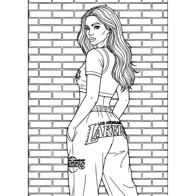 realistic woman wearing a 2 piece los angeles lakers outfit short top with baggy pants with long hair standing against a brick wall modeling her outfit thin and black lines to color