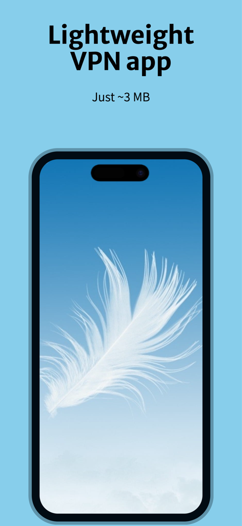 Captura de pantalla de la aplicación Astra VPN que destaca su tamaño ligero de 3 MB con una representación visual de una pluma en un iPhone