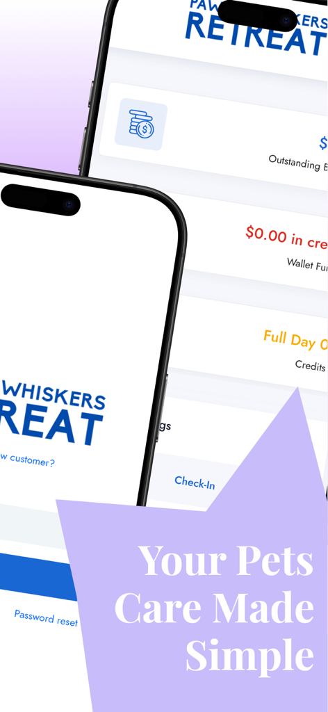 KennelBooker Pet Parent - Schermate mobili che mostrano l'app KennelBooker Pet Parent per la gestione delle prenotazioni e dei pagamenti degli animali domestici.