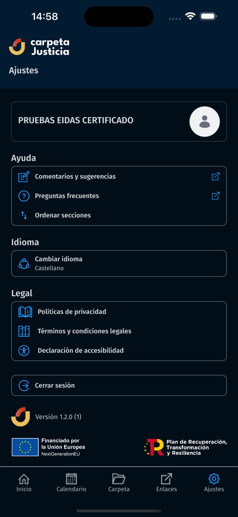 Carpeta Justicia - The settings menu of the Carpeta Justicia mobile app showing profile information language selection and legal links