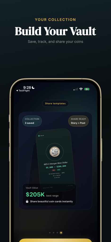 Coin AI - Identifier & Value - Pantalla de smartphone que muestra la bóveda de la aplicación Coin AI con un dólar de plata raro y la estimación del valor de la colección
