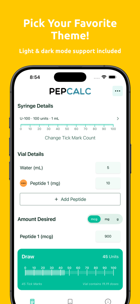 PepCalc app interface showing peptide reconstitution details and theme selection options