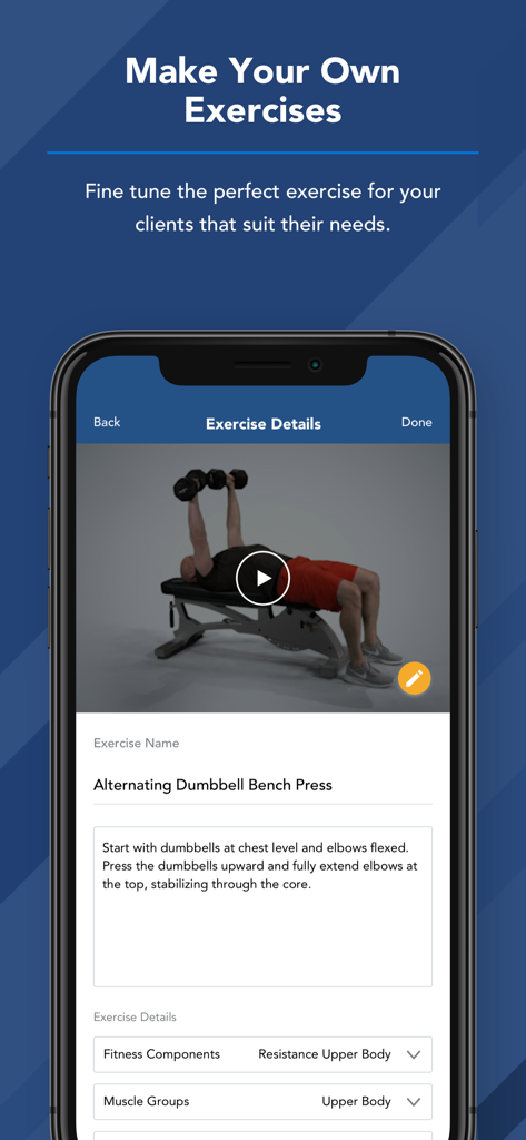 NASM EDGE app interface showing the custom exercise creation screen with video and descriptions for personal trainers