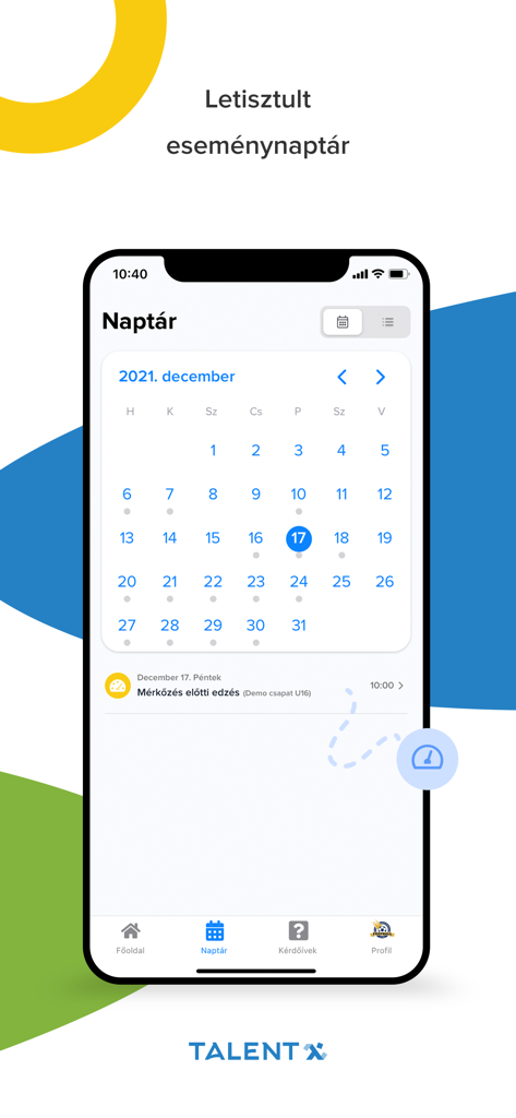 TalentX - TalentX mobile app interface displaying a monthly calendar view with scheduled training sessions for athletes