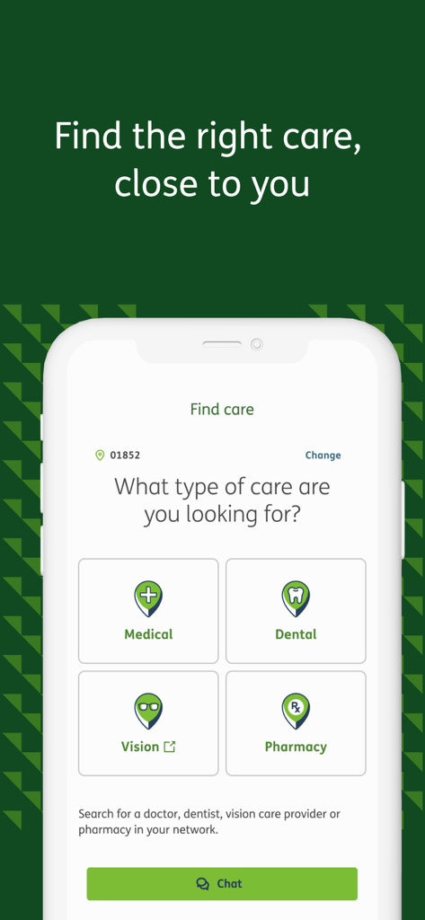 MyHumana - Interfaz de la aplicación MyHumana que muestra categorías para encontrar proveedores de atención médica, dental, de visión y de farmacia
