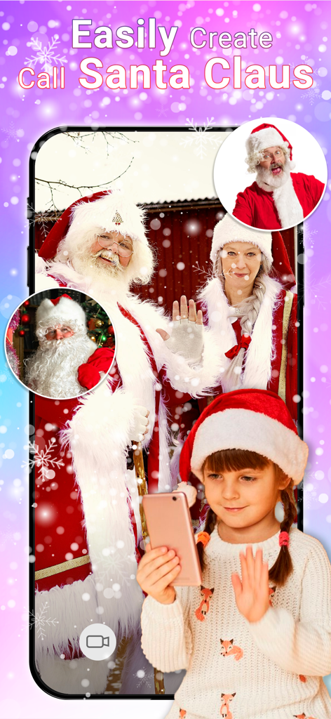 Idol Prank Call - Chat & Video - A young girl using the app to simulate a video call with Santa Claus against a festive background