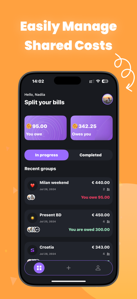 Cost Split Payments: Settle Up - Panel de la aplicación Splitility que muestra los saldos totales de facturas compartidas y una lista de grupos de gastos recientes para viajes y regalos