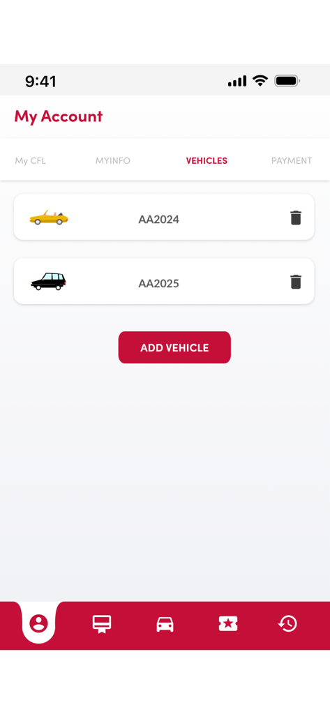Interfaz de gestión de vehículos en la aplicación PR CFL que muestra una lista de matrículas registradas y un botón para añadir vehículo
