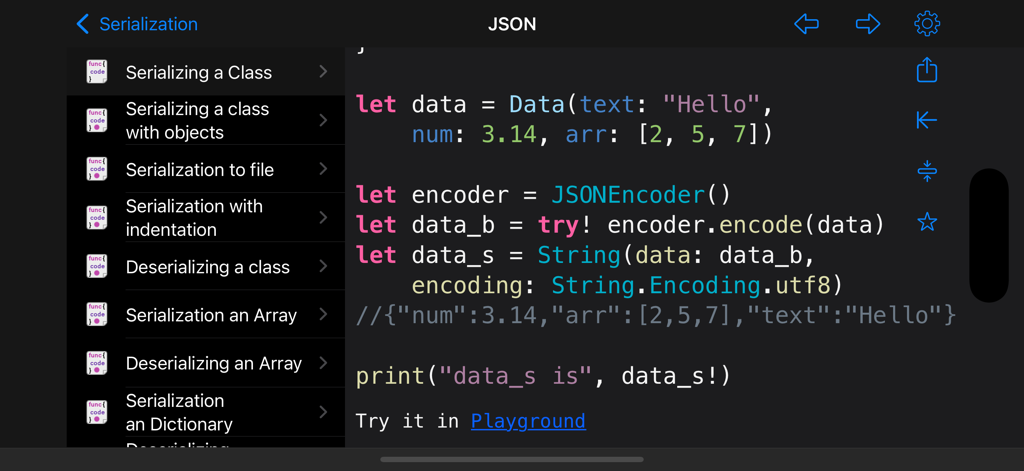 Swift code snippet for JSON serialization and a list of related coding topics in the Recipes for Swift Pro app