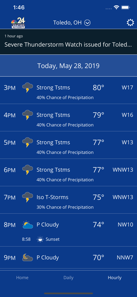 Hourly weather forecast for Toledo Ohio showing severe thunderstorm watch on the NBC 24 Weather Authority app