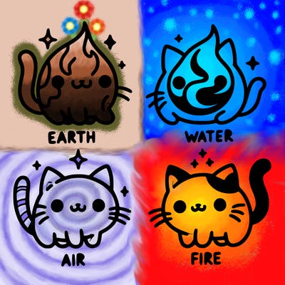 4 cats that represent the different elements, earth, water, air, and fire