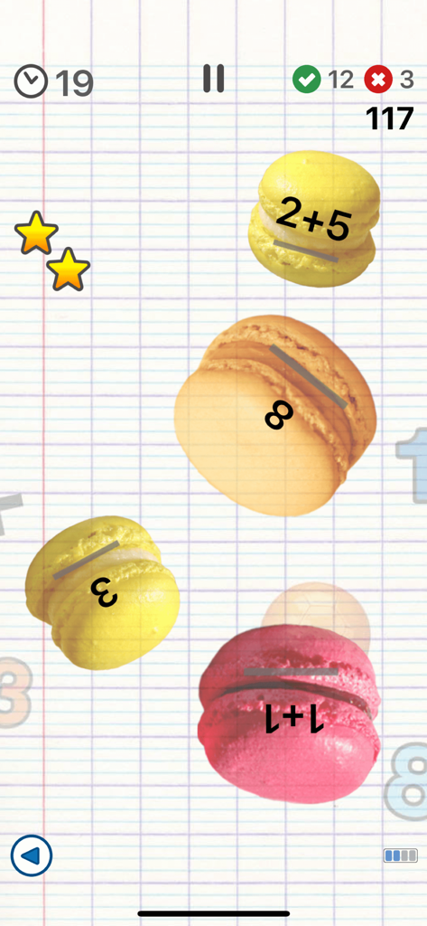 Math games for kids. - AB Math app gameplay showing mental math addition problems on colorful macarons.