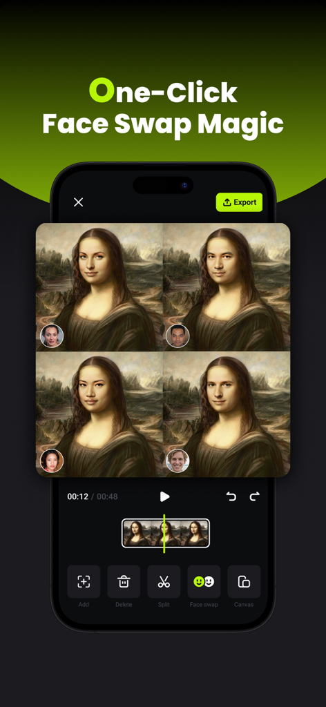 FaceSwapper: AI Face Swap - A mobile app interface showing multiple AI face swaps on the Mona Lisa with the headline One-Click Face Swap Magic.