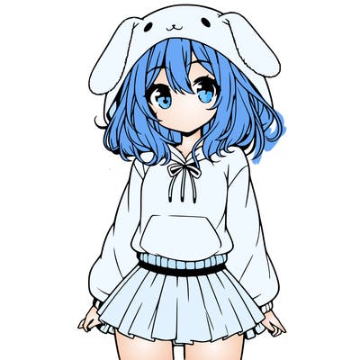 pretty anime girl wearing a fluffy hoodie with bunny ears on the hood and a skirt