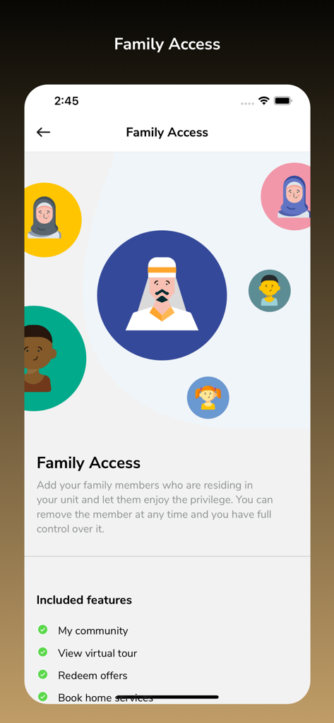 DAMAC Living - Family Access screen in the DAMAC Living app for adding family members to a property