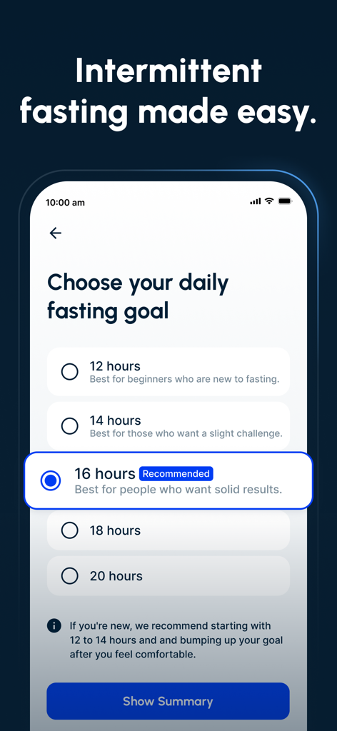 A mobile app screen for choosing a daily intermittent fasting goal with options ranging from twelve to twenty hours