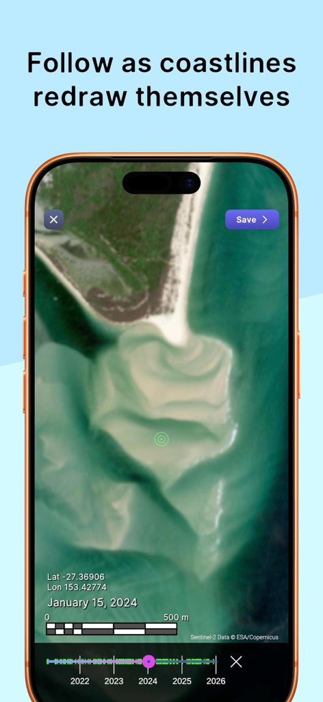 Timelapse Map:Purple Satellite - Immagini satellitari di una costa in cambiamento con un'interfaccia di cursore temporale nell'app Purple Satellite