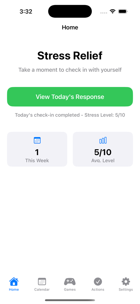 Home dashboard of the Stress Relief app displaying daily check in status and weekly stress statistics