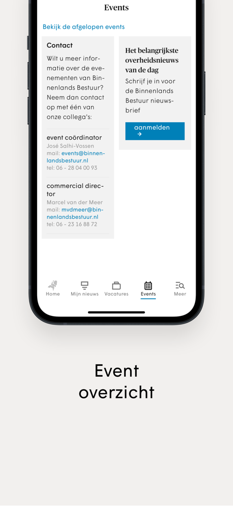 Binnenlands Bestuur Nieuws App - Events overview page of the Binnenlands Bestuur mobile app showing contact information and a newsletter sign up button