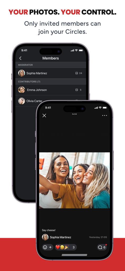 PhotoCircle - PhotoCircle App zeigt eine private Mitgliederliste und ein geteiltes Gruppenfoto mit Reaktionen