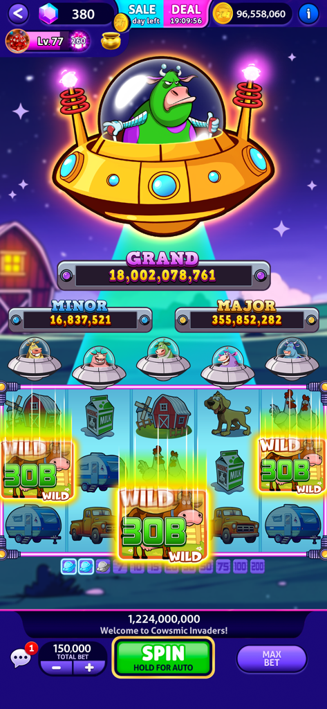 Cowsmic Invaders slot machine game interface featuring alien cows and farm symbols