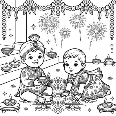 Bring joy to the Festival of Lights with this charming coloring page featuring two adorable babies dressed in traditional Diwali outfits. Surrounded by glowing diyas and festive fireworks, this scene captures the heartwarming spirit of the celebration.