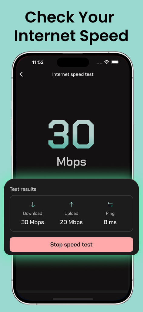 Bolt VPN mobile app interface showing real-time internet speed test results for download upload and ping