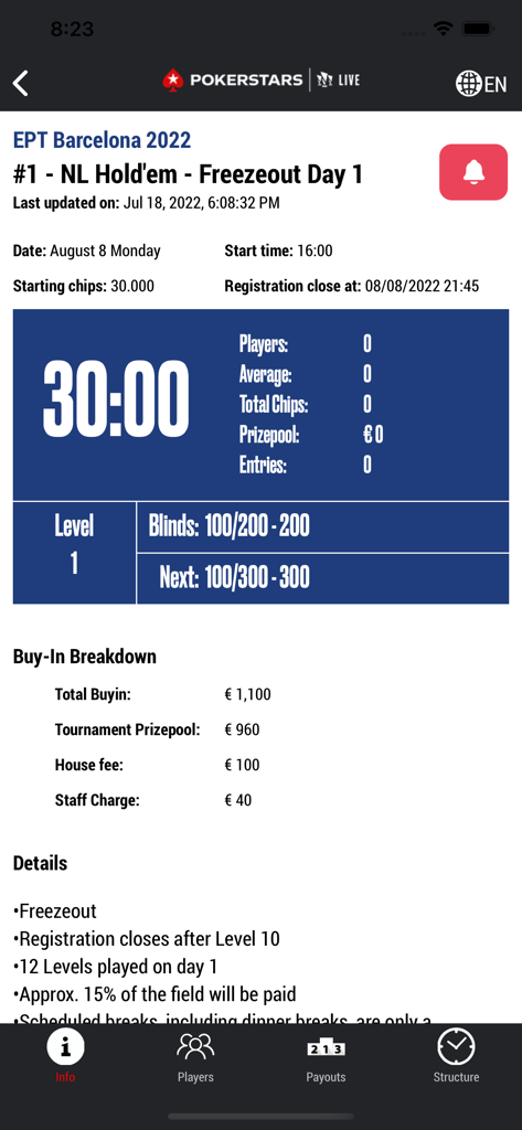 PokerStars Live - PokerStars Live-App mit Turnierdetails und Live-Uhr für die EPT Barcelona.