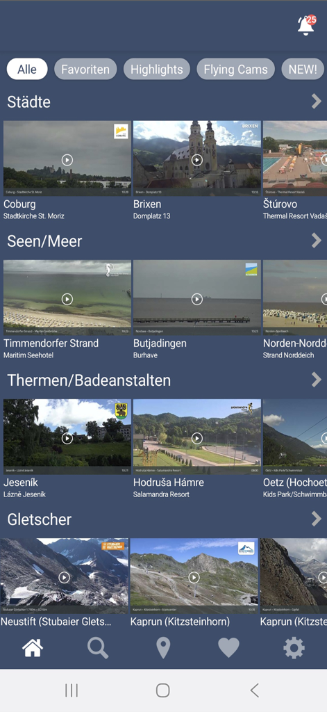 Screenshot of the feratel webcams app showing live camera categories for cities lakes and glaciers