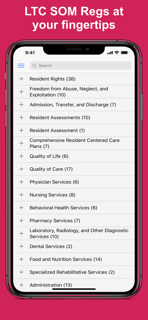 LTC SOM Regs - Mobile app screen displaying a list of federal long-term care regulations categories including Resident Rights and Nursing Services